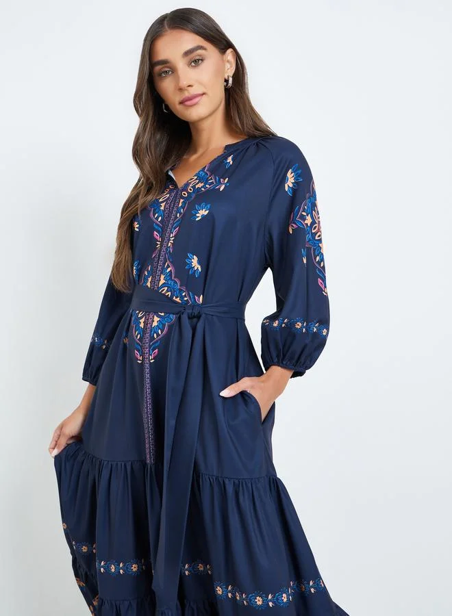 Styli Women Navy Blue Floral Print Tiered Midi Dress